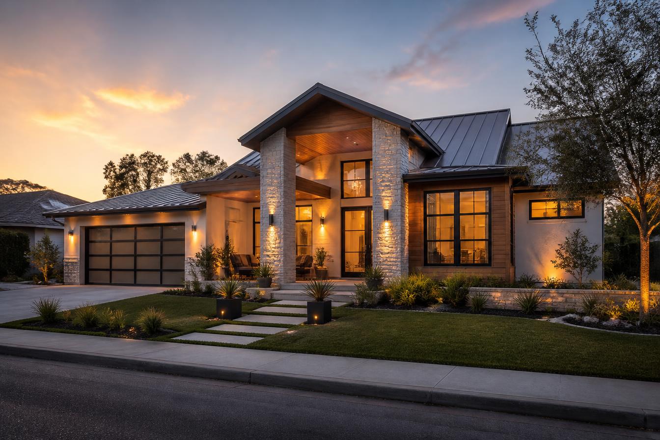 High-end single-family home at dusk